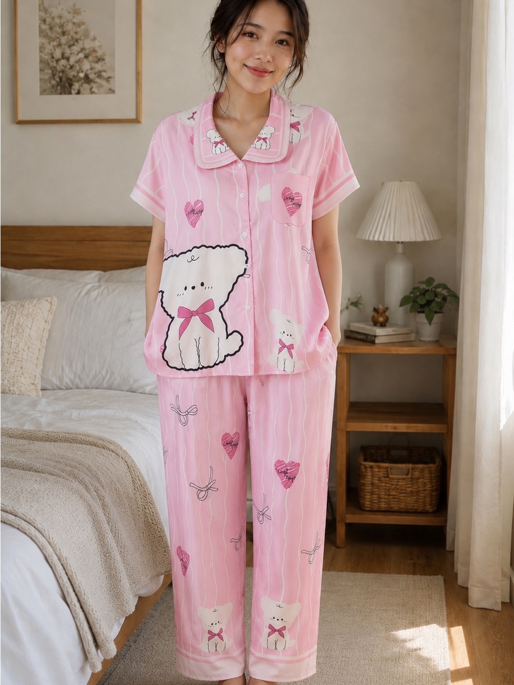 Cozy Pink Bear-Print Short-Sleeve Pajama Set